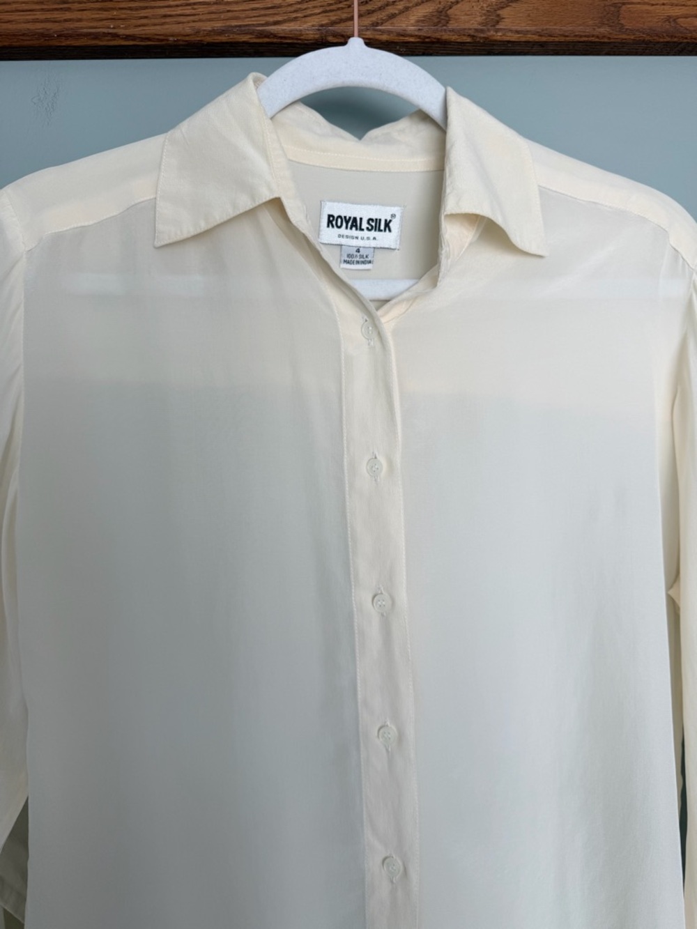 Royal Silk 100% Silk Vintage Cream Pale Yellow Semi Sheer Button Down Shirt - Picture 4 of 13